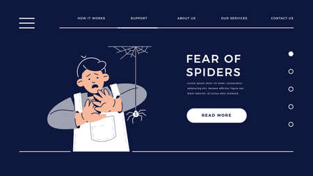 Fear of Spiders, Arachnophobia web template. Scared Child Character is afraid of spider. Phobia, Childhood Irrational Fear, Anxiety Disorder, Scared Face emotion for homepage.Flat vector illustrationのイラスト素材