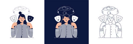 Bipolar disorder illustration set. Woman with two face masks showing depressive and happy mood. Manic depression, mental disorder, bipolar depression concept collection for web design.Flat vectorのイラスト素材