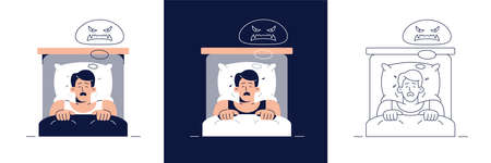 Nightmare disorder vector illustration set. Frightened man character has a bad dream, is scared of monster from a nightmare.Adult sleeping disorder concept collection for web, banner flat designのイラスト素材