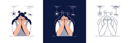 Fear of Spiders vector illustration set. Frightened woman character suffers from Spider Phobia, Covers Face With Hands. Arachnophobia, Irrational fears concept collection for web banner flat designのイラスト素材