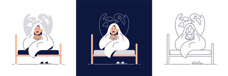 Nightmares in Children vector illustration set. Scared boy hides under blanket from ghost, frightened of monster from bad dream.Childish fears, kids nightmares concept collection for web flat designのイラスト素材