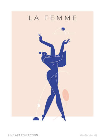 Contemporary modern print. Woman silhouette, nude female body in abstract pose, mid century composition with geometric shapes. Beauty, Femininity concept for wall decor, poster. Vector illustrationのイラスト素材