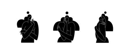 Abstract woman body vector illustration set. Female figure, contemporary design. Solid black feminine silhouette isolated on white. Women self care,body beauty concept collection for logo. Modern artのイラスト素材
