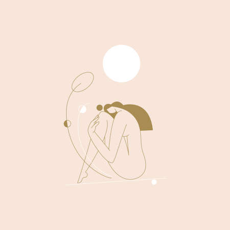 Female body vector illustration. woman silhouette composition, geometric shapes feminine figure, boho colored contemporary design.のイラスト素材