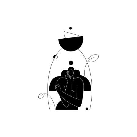 Female body silhouette vector illustration. Contemporary woman figure, feminine graphic with geometric shapes, abstract composition. Beauty, self care concept for branding, minimal fine artのイラスト素材