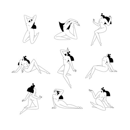 Contemporary woman silhouette vector illustration set. Nude female body, abstract pose, feminine figure, modern graphic design. Beauty, self love, body care, spa concept collection for . Fine artのイラスト素材