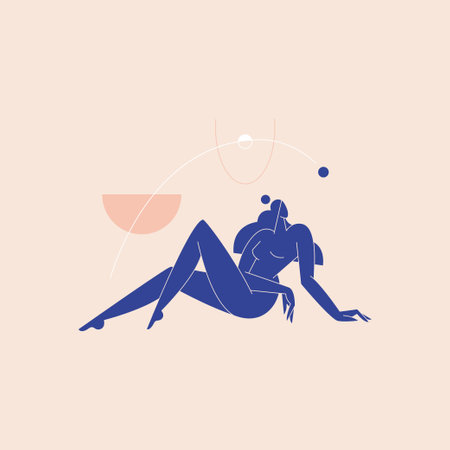 Contemporary woman silhouette vector illustration. Nude female body, mid century colored feminine figure, geometric shape abstract composition. Beauty, body care concept for , branding. Modern artのイラスト素材