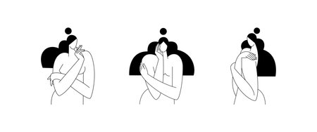 Contemporary woman silhouette vector illustration set. Nude female body, abstract pose, feminine figure, modern graphic design. Beauty, self love, body care, spa concept collection for . Fine artのイラスト素材