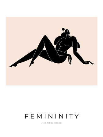 Contemporary abstract poster. Nude female body, woman silhouette, minimalist modern graphic, feminine design. Femininity aesthetic, Mid century beauty concept for print wall decor. Vector illustrationのイラスト素材