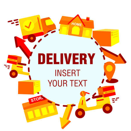 Online delivery service, online order tracking, home and office delivery. A truck, a scooter, a masked courier. Vector illustrationのイラスト素材