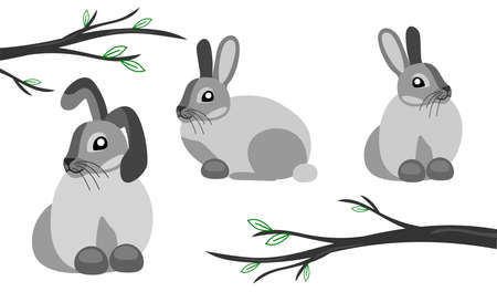 Set of three hares with spring flowersのイラスト素材