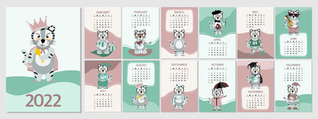 calendar for the year 2022 with the water tiger symbol of the year. vector drawing