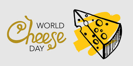 Vector illustration for World Cheese Day. Lettering and a piece of cheese drawn by hand on a gray background.のイラスト素材