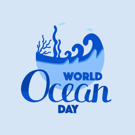 World Oceans Day. Banner holiday vector. Underwater world, fish, algae, octopus, corals.のイラスト素材