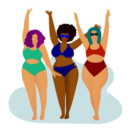 Happy chubby girls in swimsuits. Body positive. Love your body. Girls on the beach. Acceptance of your body.のイラスト素材