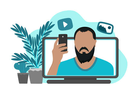 A bearded male blogger shoots a video on his phone. Vector illustration in a flat style for use in...
