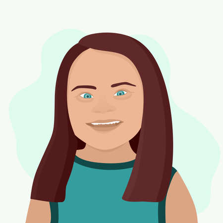 Down syndrome, vector illustration of a girl in a turquoise blouse on a light background.のイラスト素材