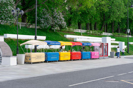 Moscow, May 27, 2021. North River station. Street food stalls. Hot pastries, drinks, ice cream, hot...