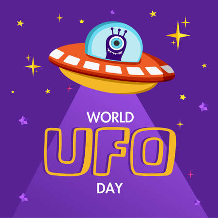 World Ufo Day. Vector illustration of a ufo plane, a flying saucer, with an alien on board. You can apply it to a poster template or banner.のイラスト素材