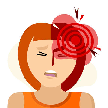 Headache, migraine, visual aura. An image of pain in one side of the head. Cartoon illustration for informational posters, articles, websites, and mobile apps.のイラスト素材