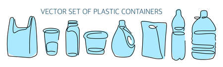 Vector set of plastic containers. Package, cup, bottle, container, and others. Plastic Bag Free Day.のイラスト素材