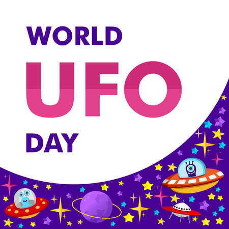 Banner on the space theme. UFO, planet, humanoid, alien, flying saucer. Vector illustration in flat style for flyers, posters, websites, applicationsのイラスト素材