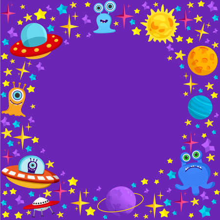 Vector frame on a space theme. UFO, planet, humanoid, alien, flying saucer. Flat-style illustration for flyers, posters, websites, apps, and children's holiday decorationsのイラスト素材