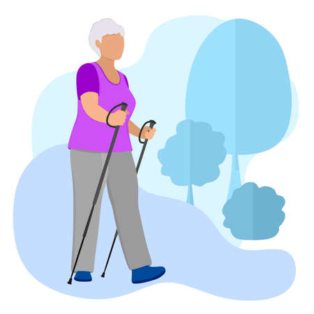 Nordic walking pensioner. Sports life of the seniors. Old people walk, do exercises in the fresh air in the forest. Active lifestyle in retirement for pensioners.のイラスト素材