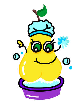 Cartoon cute kind yellow illustration of a pear with beautiful eyes washing in a basin. For a set of stickers, children's events, recreation, leisure.のイラスト素材
