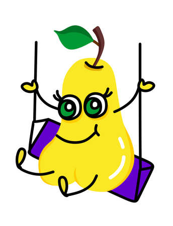 Cartoon cute kind yellow illustration of a pear with beautiful eyes swinging on a swing. For a set of stickers, children's events, recreation, leisure.のイラスト素材