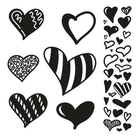 A set of hearts in black and white style isolated on a white background. Comics Doodles Abstract Graffiti Display Vector Illustrationのイラスト素材