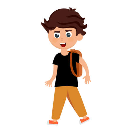 A cheerful boy in a black T-shirt with a backpack in a cartoon style. Vector illustration.のイラスト素材