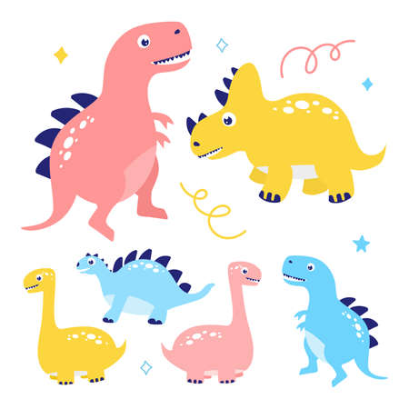 Dinosaurs funny set isolated on a white background vector illustration. In a flat style for printing on textiles and souvenirs.のイラスト素材