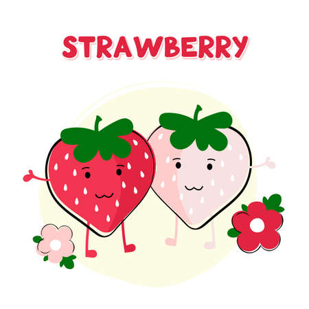 Two strawberries with funny cute faces in a cartoon style For postcards, posters, packaging, children textiles and office supplies.のイラスト素材