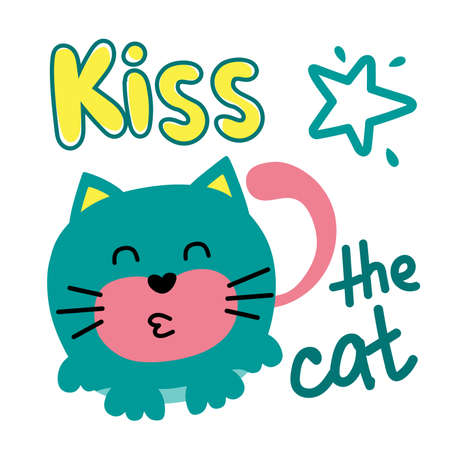 Funny cat with lettering Kiss the cat. For use in printing, postcards, textiles. Vector illustration.のイラスト素材