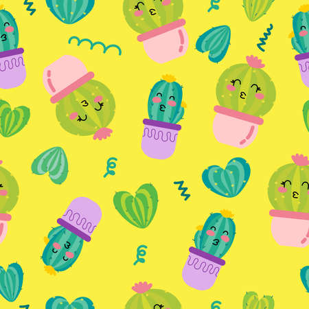 A pattern of funny cacti on a yellow background. For use in printing, postcards, textiles. Vector illustration.のイラスト素材