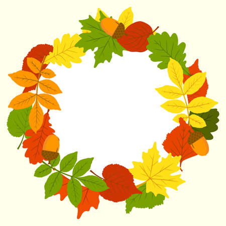 A frame made of autumn leaves. The leaves are oak, birch, aspen, maple. Autumn theme. Space for copying. Applicable for printing, posters, postcards, websites. Vector illustration.のイラスト素材