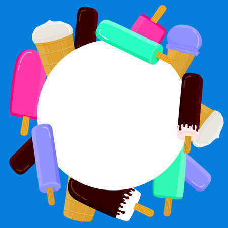 Ice cream frame with an empty space for text on a blue background. Use for a postcard, background, application on a fabric or souvenir products.のイラスト素材