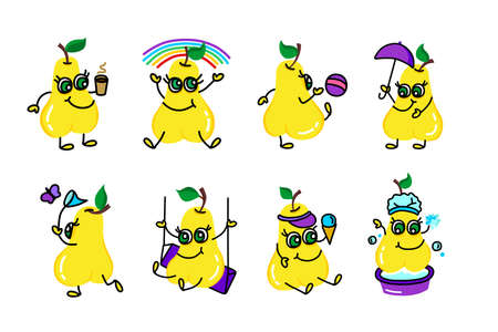 Funny pear in different poses with hands and feet set.のイラスト素材