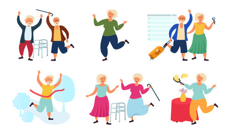 Grandparents, elderly old people in different situations. Pensioners and an active lifestyle.のイラスト素材