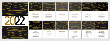 Calendar 2022 is fashionable and modern. On a black and gray background with gold lines. A set of desktop calendars for 2022, a wall calendar design, a Planner, the beginning of the week on Sunday.のイラスト素材