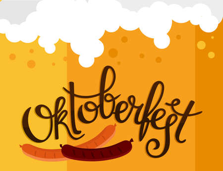 Oktoberfest banner. Handwritten inscription with the image of a beer mug with foam, pretzel and grilled sausage. Vector illustration.のイラスト素材