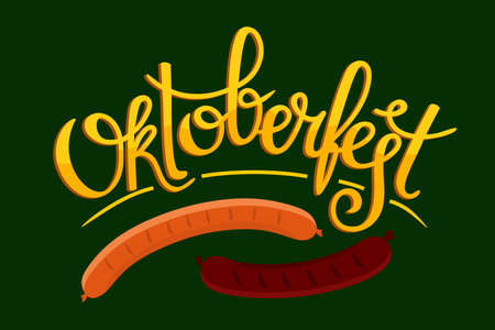 Oktoberfest banner. Handwritten inscription with the image of a beer mug with foam, pretzel and grilled sausage. Vector illustration.のイラスト素材