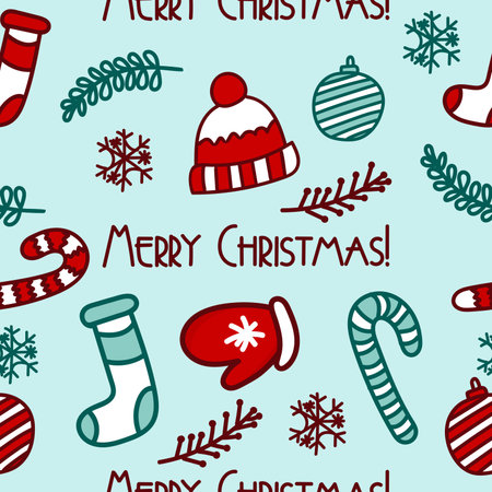 Christmas pattern with a hat, a sock and a candy cane. The concept of Christmas and New Year.のイラスト素材