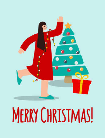 Christmas card with a girl decorating a Christmas tree. The concept of Christmas and New Year. Vector illustration.のイラスト素材