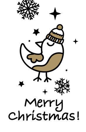 Handmade Christmas cards with lettering, bird, stars. Fashionable postcards in black and gold color. Vector illustration.のイラスト素材