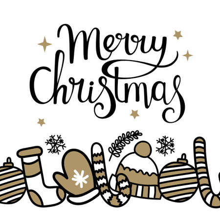Handmade Christmas cards with lettering, mittens, hats, candy cane, stars. Fashionable postcards in black and gold color. Vector illustration.のイラスト素材
