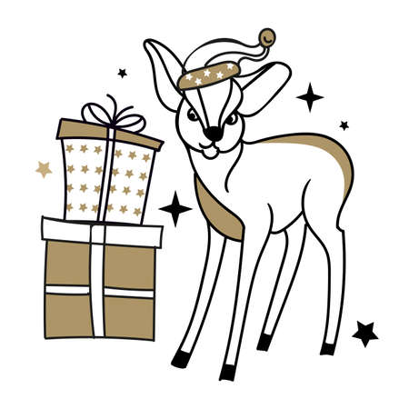The Christmas character is a deer in black and gold. Vector illustration.のイラスト素材