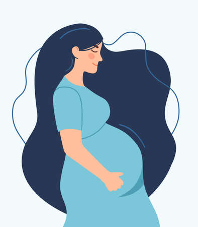 Pregnancy. A modern poster with a cute pregnant woman with long hair and a place for text. Vector illustrationのイラスト素材