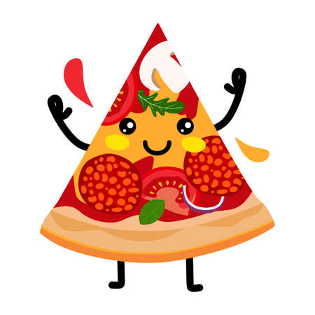 A slice of pizza character with salami onions tomatoes and olives. Vector illustration. A concept for stickers, posters, postcards, websitesのイラスト素材